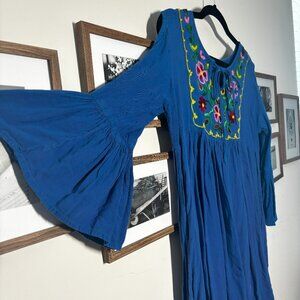 Blue Embroidered Boho Tunic Dress